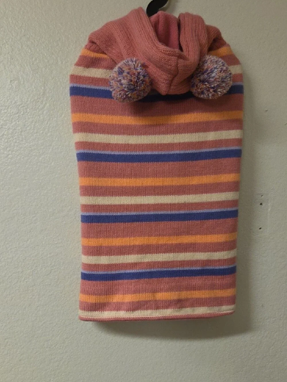 Striped Knit Pom-Pom Hooded Neck Warmer in Rose, Peach & Blue